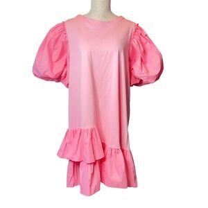 Item # A229  Nancy Barbiecore   Pink Puff Sleeve Ruffle Hem  Shift Dress  NWT  L
